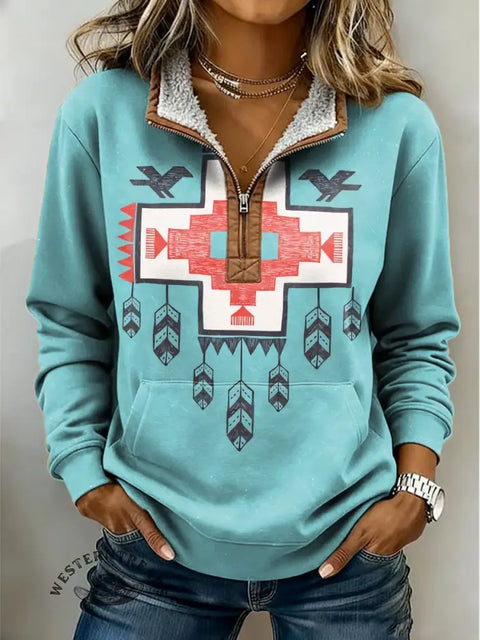 Turquoise Aztec Print Casual Half-Zip Cotton Sweatshirt