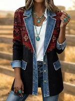 Retro Totem Art Print Patchwork Denim Sweater Cardigan Coat