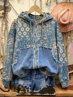 Retro Print Casual Cotton Patchwork Hooded Zip-up Sweatshirt