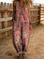 Women's Vintage Floral Print Casual Denim Jumpsuit