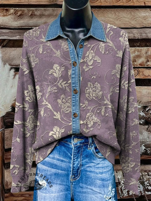 Denim Floral Polo Collar Button Cardigan Sweater