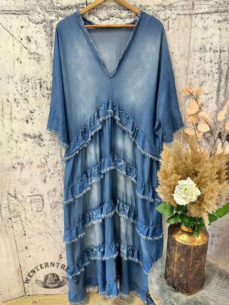 West Coast Boho Layered Denim Long Dress