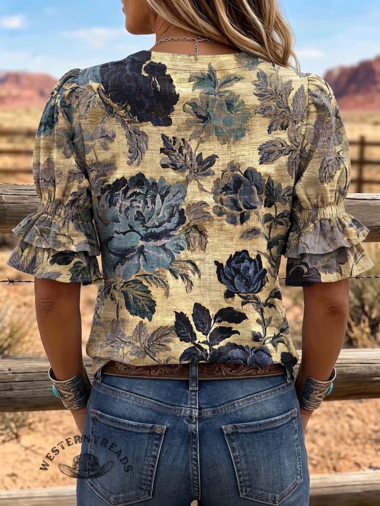 Women's Vintage Art Puff Sleeve Casual Shirt