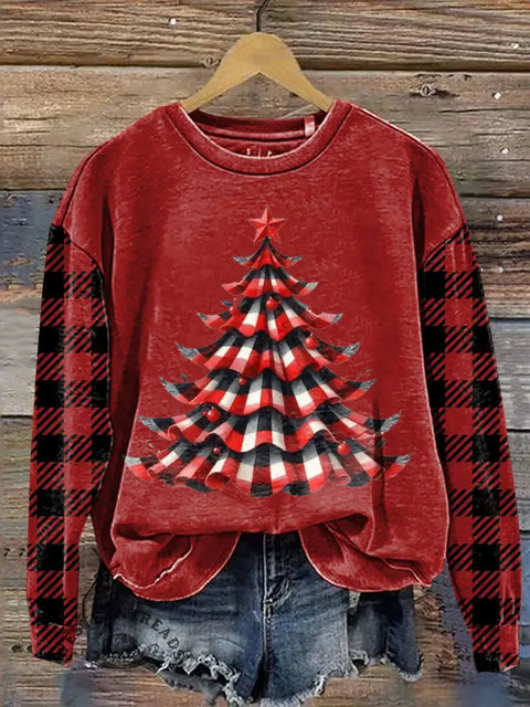 Plaid Christmas Tree Casual Cotton Sweatshirt