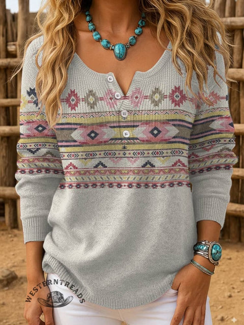 Aztec Print Buttoned Cardigan Sweater