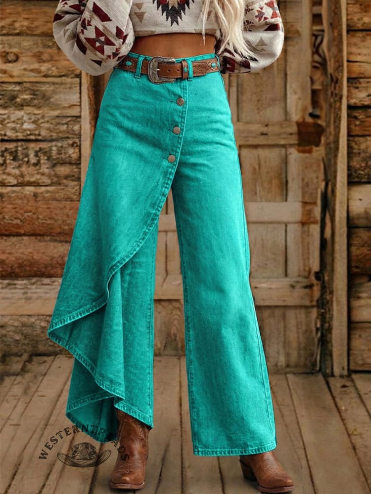 Retro Asymmetric Button-Front Western High-Waisted Denim Jeans