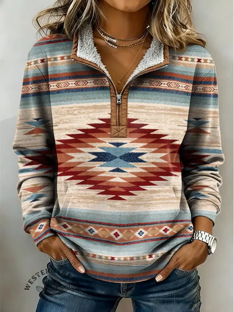 Retro Aztec Print Casual Half-Zip Cotton Sweatshirt