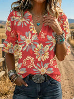 Women's Retro Floral Art Puff Sleeve Casual Shirt