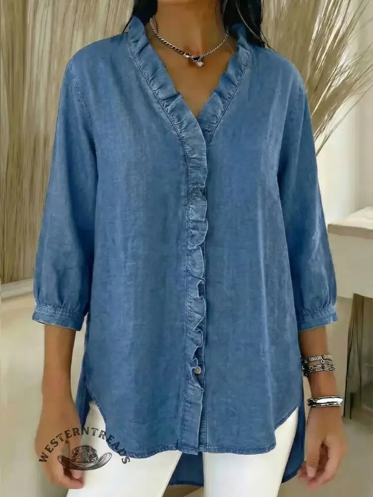 Women's Casual Denim V-Neck Ruffled Shirt