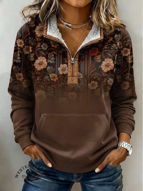 Brown Floral Print Casual Half-zip Cotton Sweatshirt