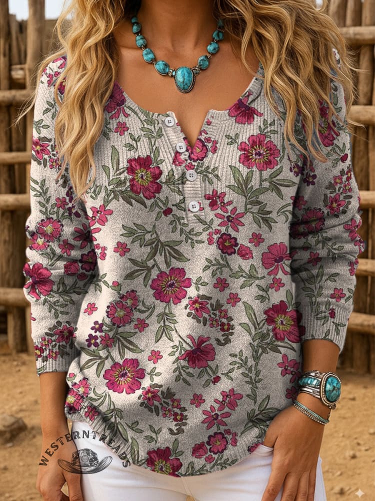 Retro Floral Art Print Buttoned Open Collar Pullover Sweater