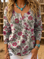 Retro Floral Art Print Buttoned Open Collar Pullover Sweater
