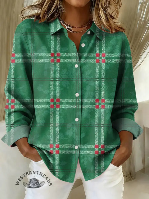 Women's Christmas color plaid Print Casual Cotton Shirt