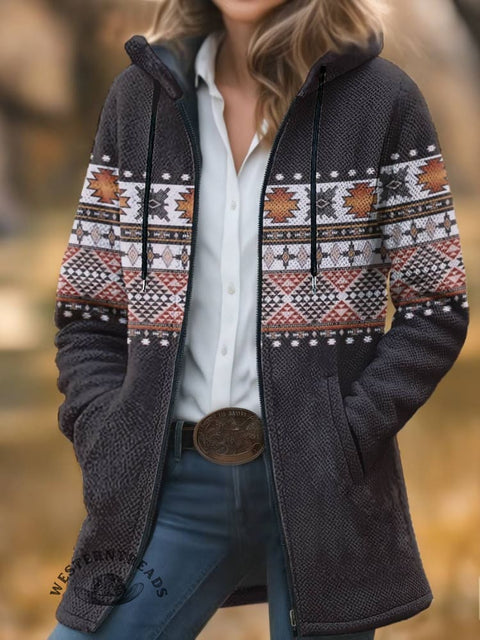 Aztec Print Unisex Plush Thick Long-sleeved Cardigan Coat