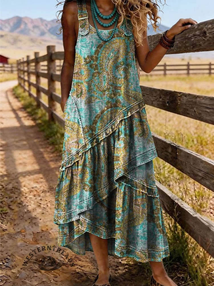 Vintage Floral Print Sleeveless Multi-layered Ruffled Strap Dress