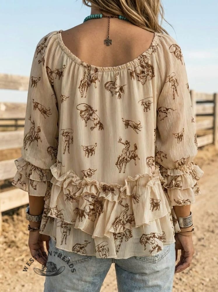 Vintage Western Art Print Casual Ruffle Shirt