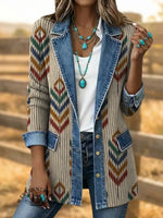 Retro Art Print Patchwork Denim Sweater Cardigan Coat