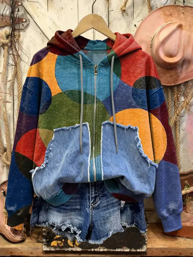 Retro Print Casual Cotton Patchwork Hooded Zip-up Sweatshirt