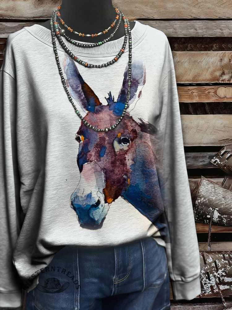 Vintage Donkey Art Print Casual Cotton Sweatshirt