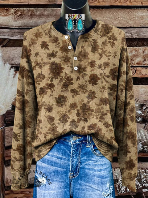 Floral Art Print Buttoned Cardigan Sweater