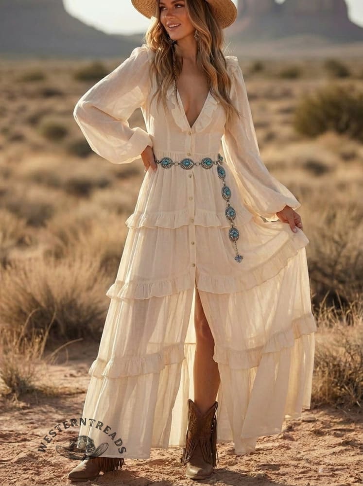 Women's V-neck Ruffled Chiffon Maxi Dress