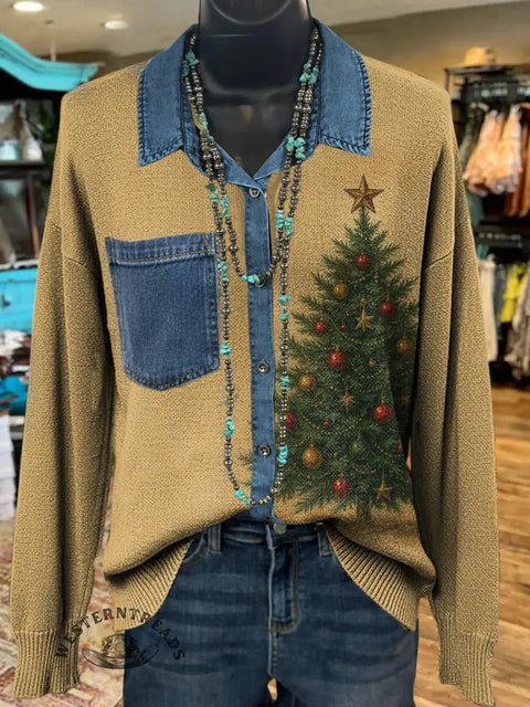 Christmas Art Print Casual Denim Patchwork Knit Top