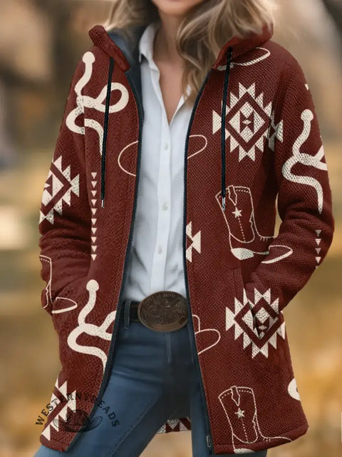 Cowboy Snake Aztec Unisex Plush Thick Long-sleeved Cardigan Coat