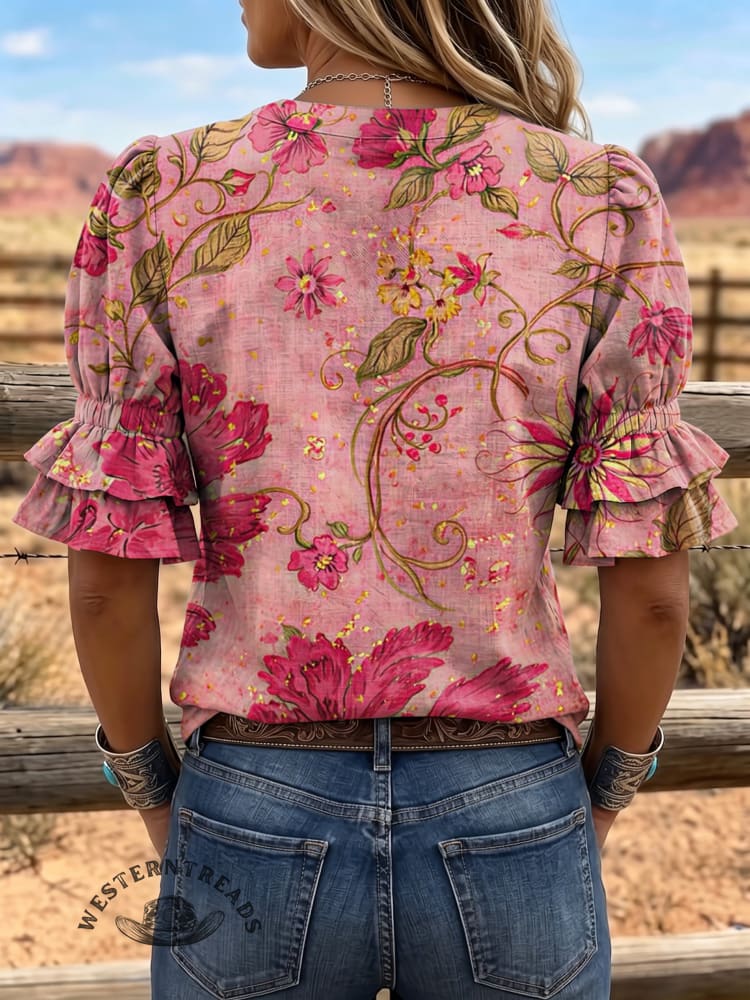 Women's Paisley Art Puff Sleeve Casual Shirt