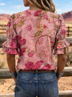 Women's Paisley Art Puff Sleeve Casual Shirt