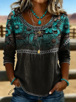 Women's Floral Print Casual Hollow Denim Shirt