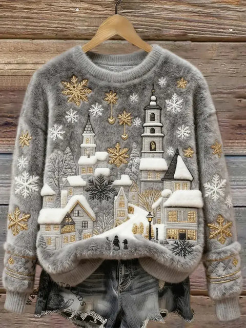 Christmas Snow Scene Embroidery Art Print Cozy Plush Sweater