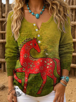 Retro Horse Art Print Buttoned Cardigan Sweater