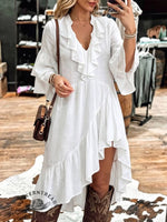 Asymmetrical Ruffled Midi Dress • Tiered Bell Sleeve Dress
