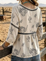 Women's Cow & Cactus Print Casual 3/4 Sleeves Hollow Denim Shirt