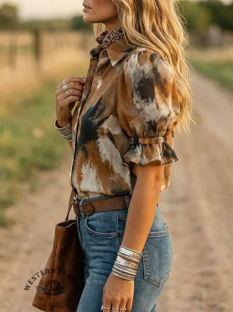 Vintage Abstract Art Print Puff Sleeve Shirt