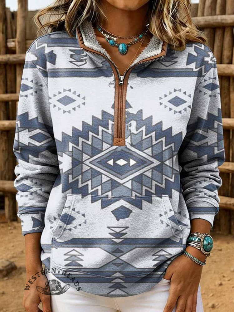 Retro Aztec Print Casual Half-zip Cotton Sweatshirt