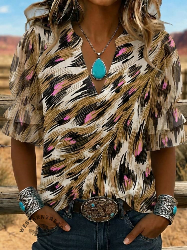 Women's Retro Leopard Art Puff Sleeve Casual Shirt