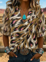 Women's Retro Leopard Art Puff Sleeve Casual Shirt