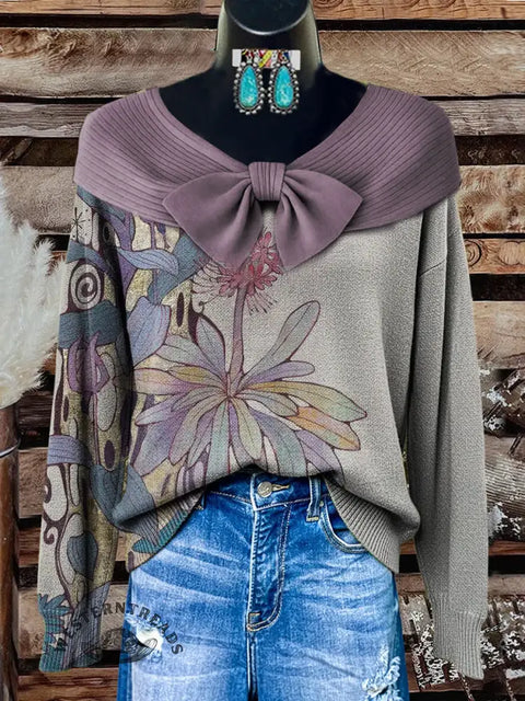Women's retro flower Print Casual Sweater
