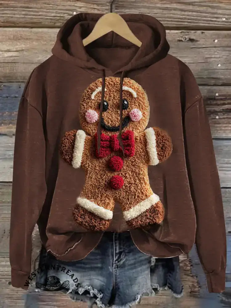 Vintage Cute Christmas Gingerbread Man Prints Casual Cotton Sweatshirt