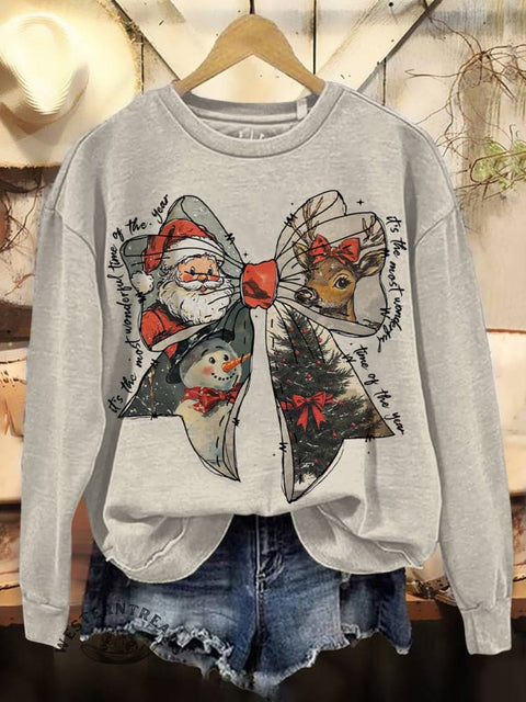 Christmas Coquette Bow Print Casual Cotton Sweatshirt