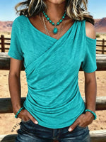 Women's Vintage Patchwork Ruched Off-shoulder Crossover Casual Shirt