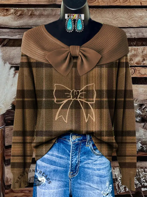 Women's Brown plaid bow Print Casual Cotton Sweater