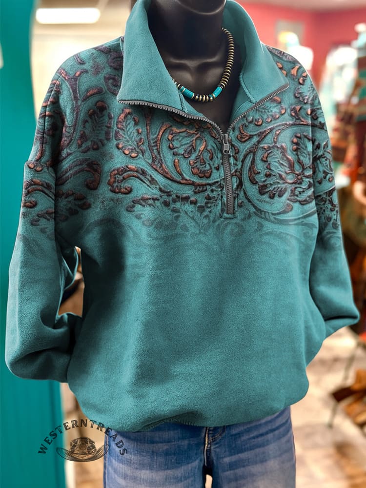 Floral Pattern Art Print Casual Long-Sleeve Zipper Pullover Sweatshirt