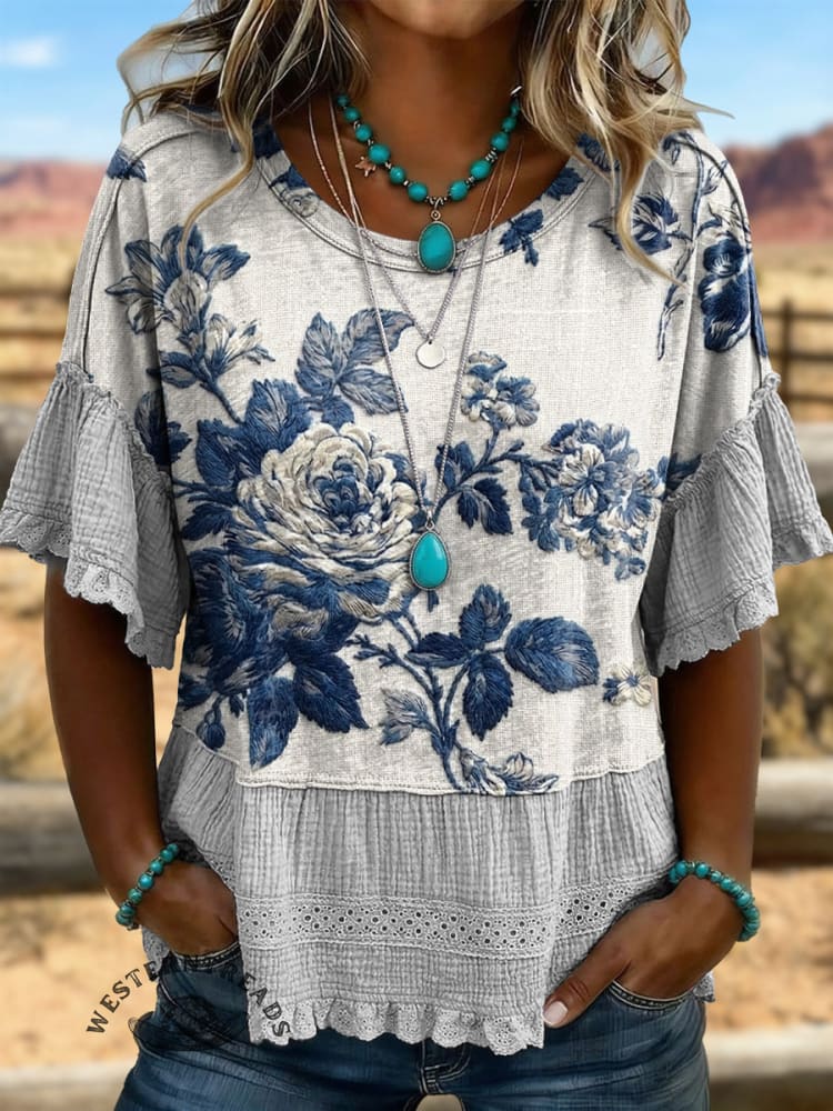 Vintage Art Hollowed Out Lace Patchwork T-Shirt