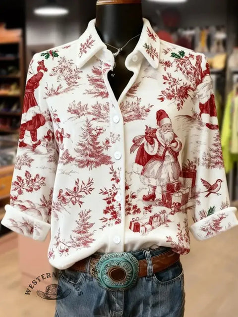 Retro Ethnic Christmas Print Collared Velvet Top