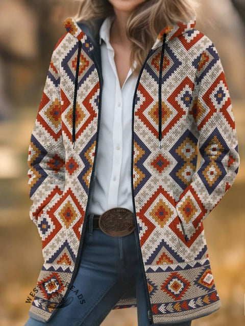 Aztec Print Unisex Plush Thick Long-sleeved Cardigan Coat