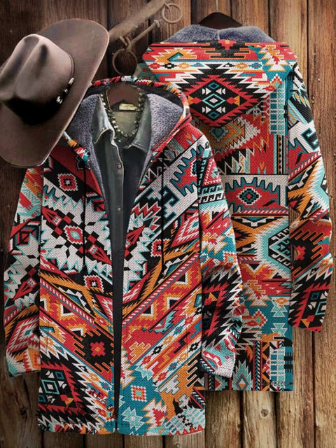 West Print Unisex Plush Thick Long-sleeved Cardigan Coat