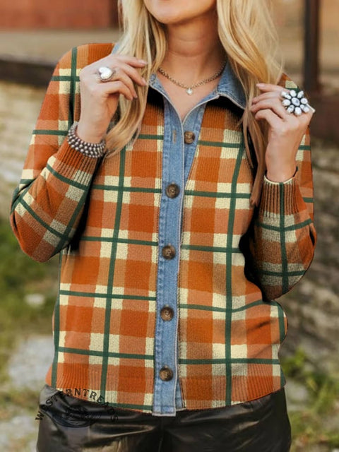 Checkered Print Denim Patchwork Contrast Plaid Polo Collar Button Cardigan Sweater
