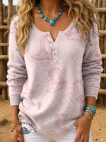 Women's Retro Western Boots Art Print Henley Neck Sweater Top